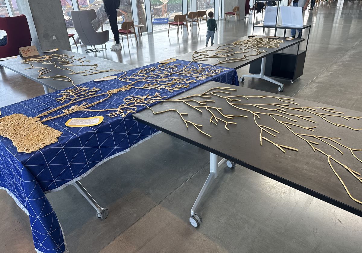 The exhibit at Dokk1: a large hand-made model of the vagus nerve, its branches spread across several tables.
